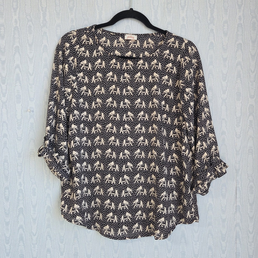 Pixley Womens S Elephant Print Blouse 3/4 Roll Tab Sleeve Sheer‎ Black Chiffon